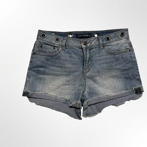 Vanilla Star High Rise Jean Shorts Size 9 Grommet Button Raw Hem Light Wash